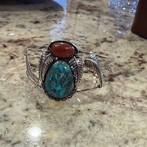 Silver and Turquoise Bracelet with Red Accent
